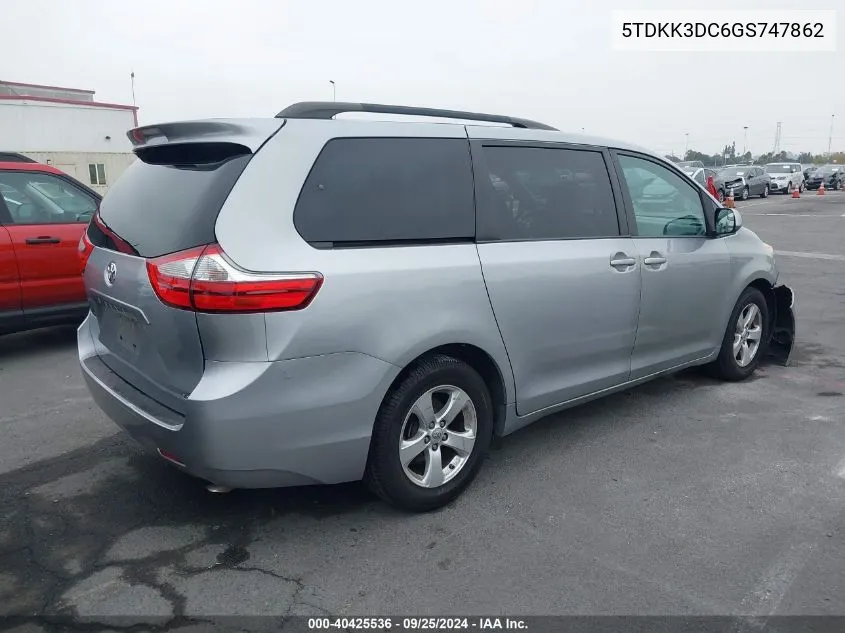 2016 Toyota Sienna Le 8 Passenger VIN: 5TDKK3DC6GS747862 Lot: 40425536