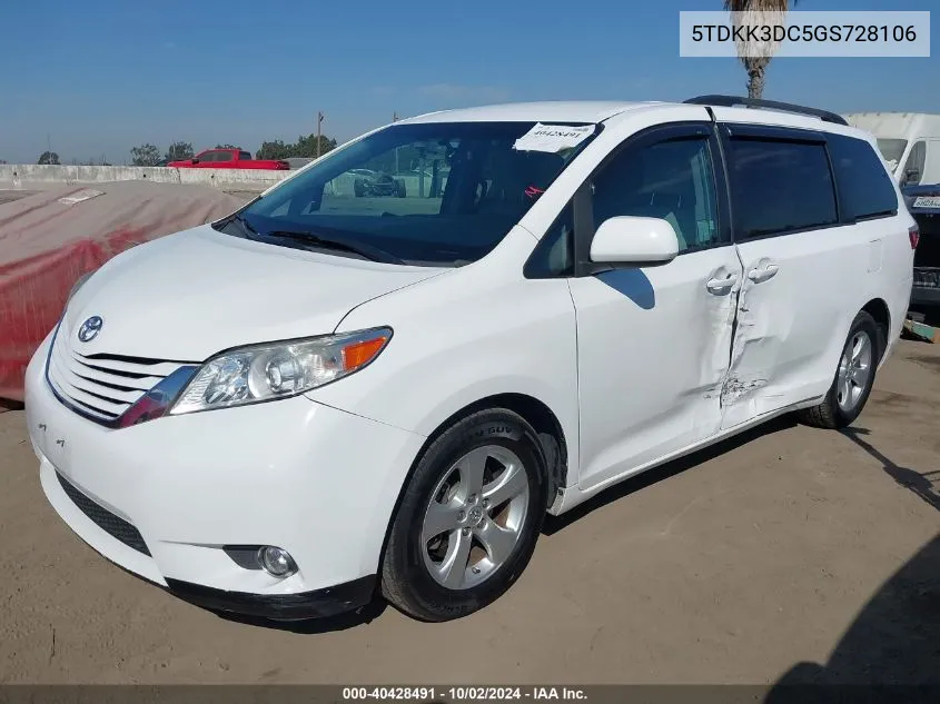 2016 Toyota Sienna Le 8 Passenger VIN: 5TDKK3DC5GS728106 Lot: 40428491