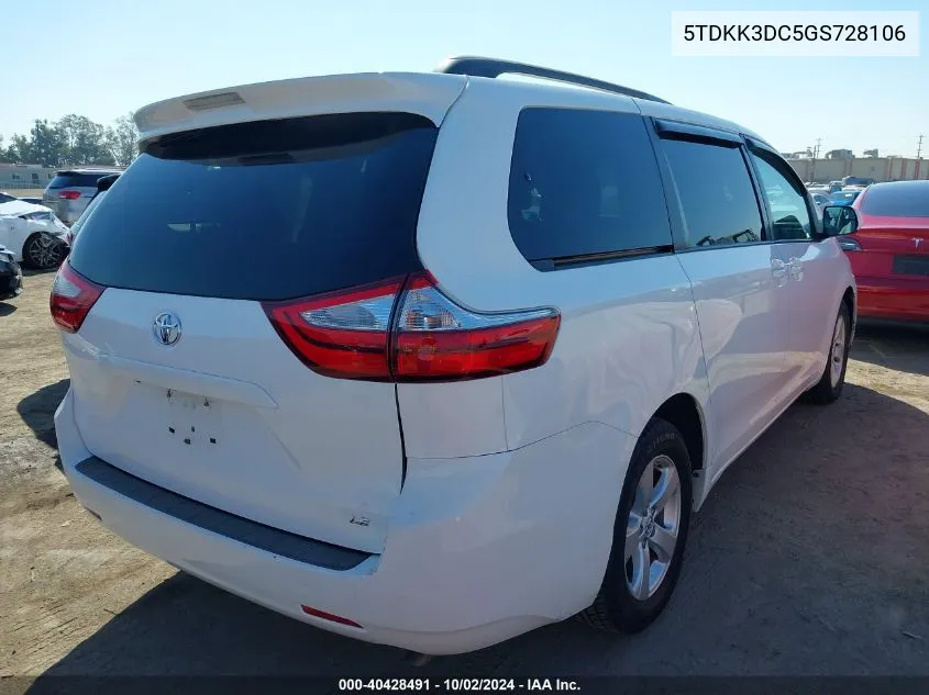 2016 Toyota Sienna Le 8 Passenger VIN: 5TDKK3DC5GS728106 Lot: 40428491