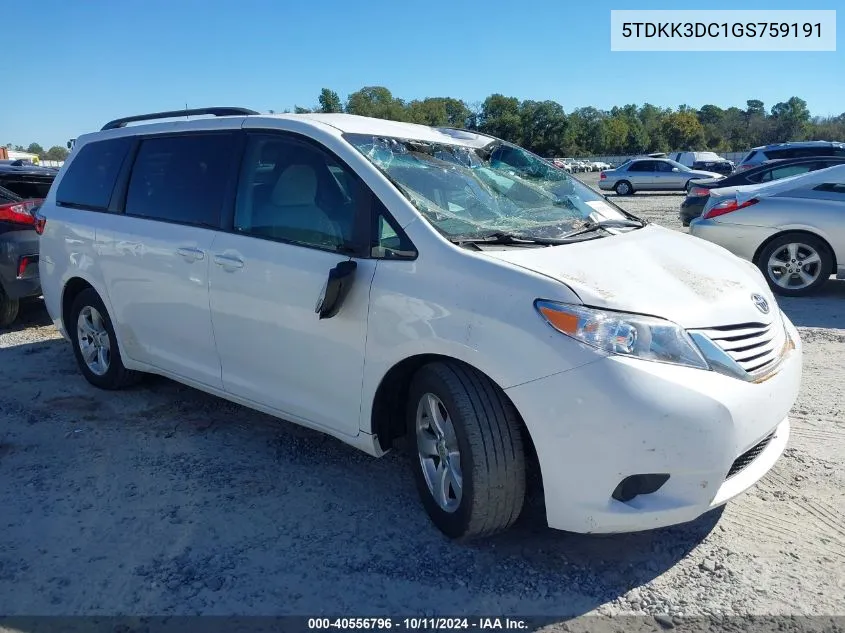 2016 Toyota Sienna Le VIN: 5TDKK3DC1GS759191 Lot: 40556796