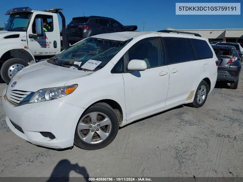 2016 Toyota Sienna Le VIN: 5TDKK3DC1GS759191 Lot: 40556796