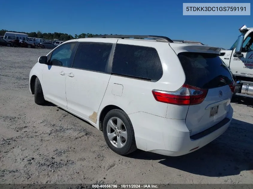 2016 Toyota Sienna Le VIN: 5TDKK3DC1GS759191 Lot: 40556796