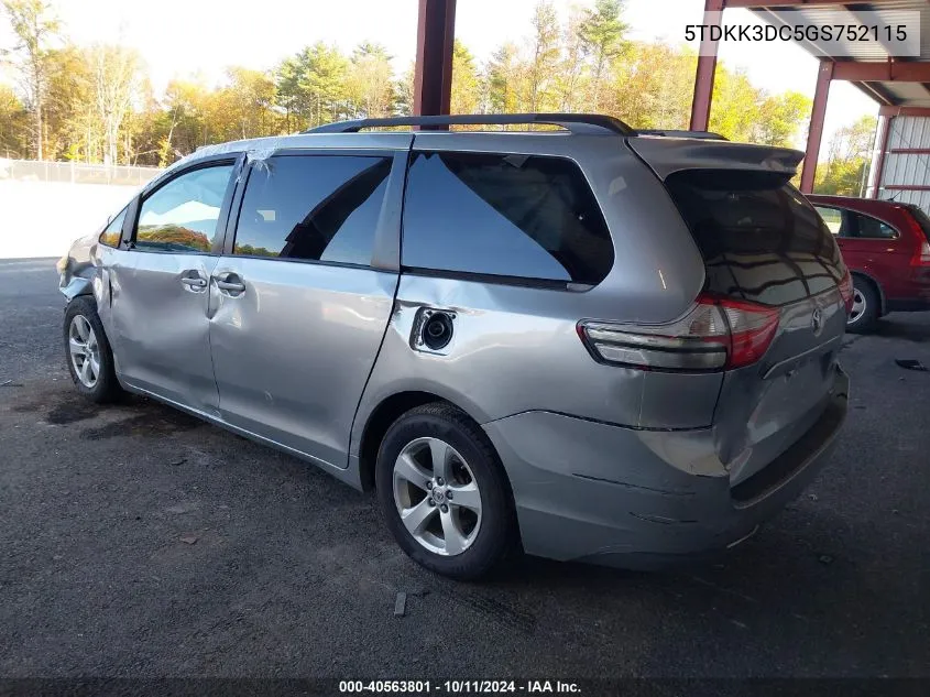 2016 Toyota Sienna Le 8 Passenger VIN: 5TDKK3DC5GS752115 Lot: 40563801