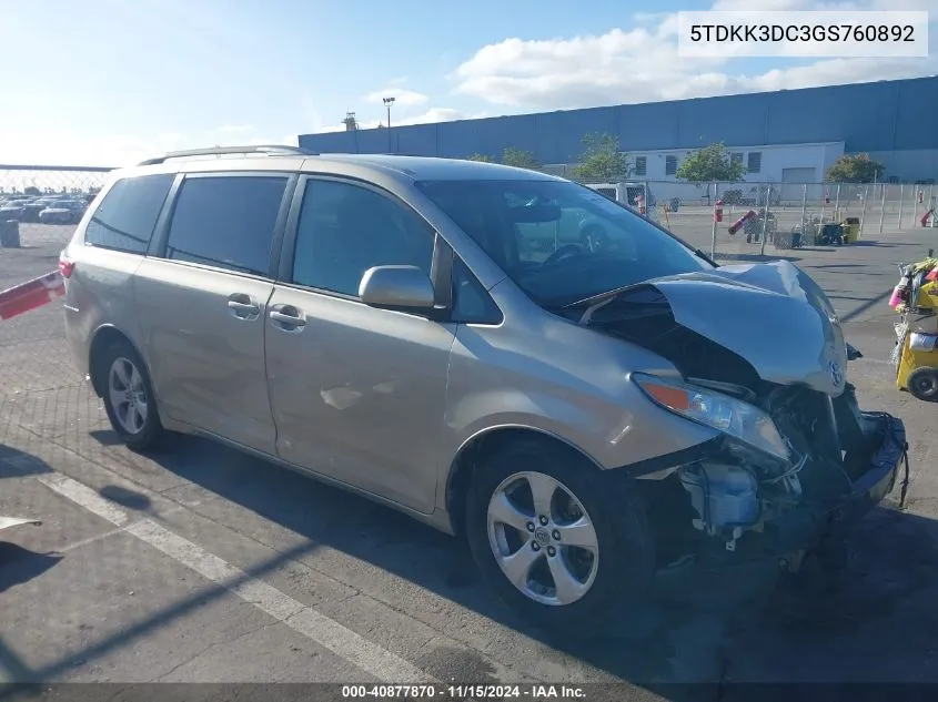 2016 Toyota Sienna Le 8 Passenger VIN: 5TDKK3DC3GS760892 Lot: 40877870