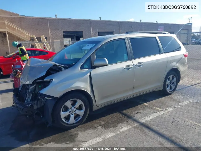 2016 Toyota Sienna Le 8 Passenger VIN: 5TDKK3DC3GS760892 Lot: 40877870