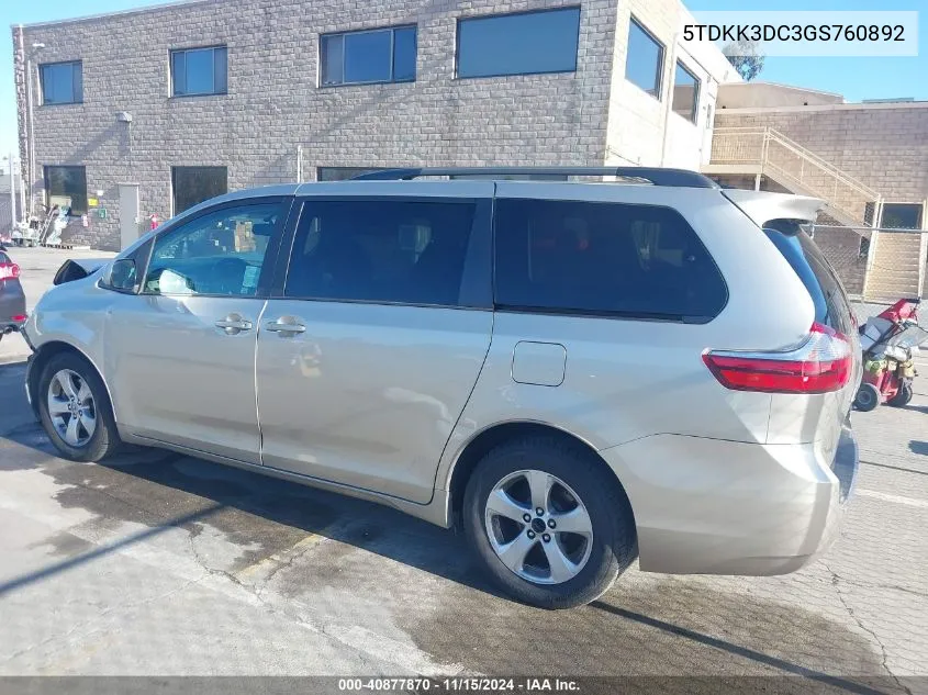 2016 Toyota Sienna Le 8 Passenger VIN: 5TDKK3DC3GS760892 Lot: 40877870