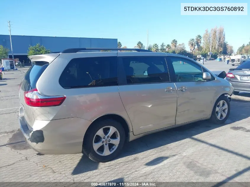 2016 Toyota Sienna Le 8 Passenger VIN: 5TDKK3DC3GS760892 Lot: 40877870