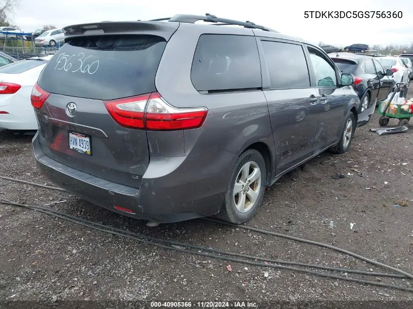 2016 Toyota Sienna Le 8 Passenger VIN: 5TDKK3DC5GS756360 Lot: 40905366