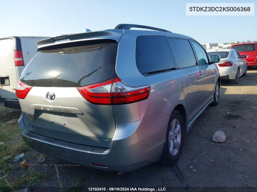 2019 Toyota Sienna VIN: 5TDKZ3DC2KS006368 Lot: 12102410