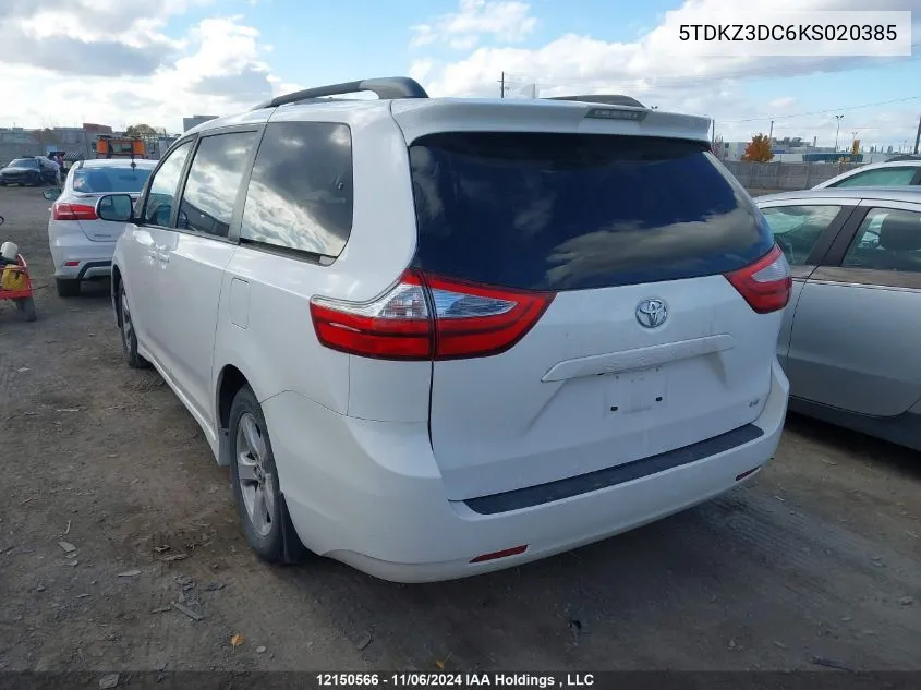 2019 Toyota Sienna Le VIN: 5TDKZ3DC6KS020385 Lot: 12150566