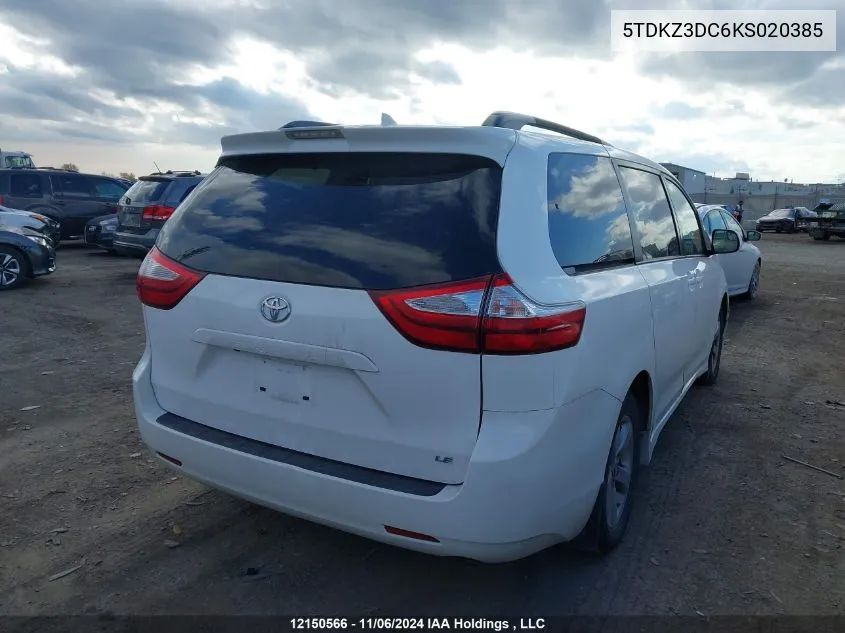 2019 Toyota Sienna Le VIN: 5TDKZ3DC6KS020385 Lot: 12150566