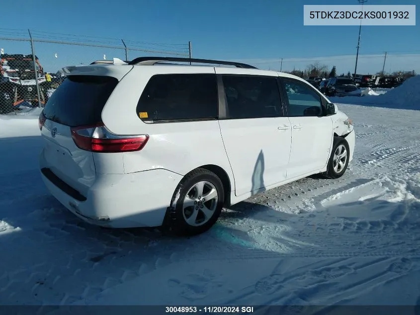 2019 Toyota Sienna Le VIN: 5TDKZ3DC2KS001932 Lot: 30048953