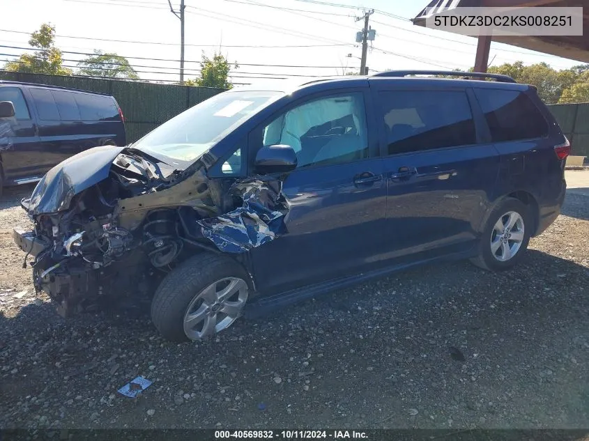 2019 Toyota Sienna Le VIN: 5TDKZ3DC2KS008251 Lot: 40569832