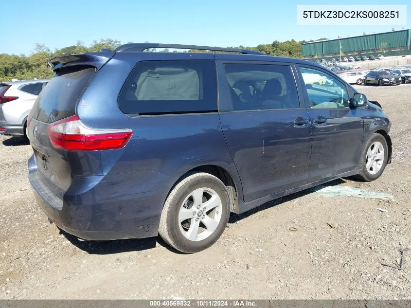 2019 Toyota Sienna Le VIN: 5TDKZ3DC2KS008251 Lot: 40569832