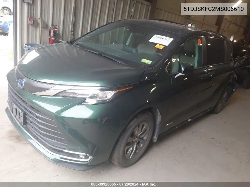 2021 Toyota Sienna Xle VIN: 5TDJSKFC2MS006610 Lot: 39920555