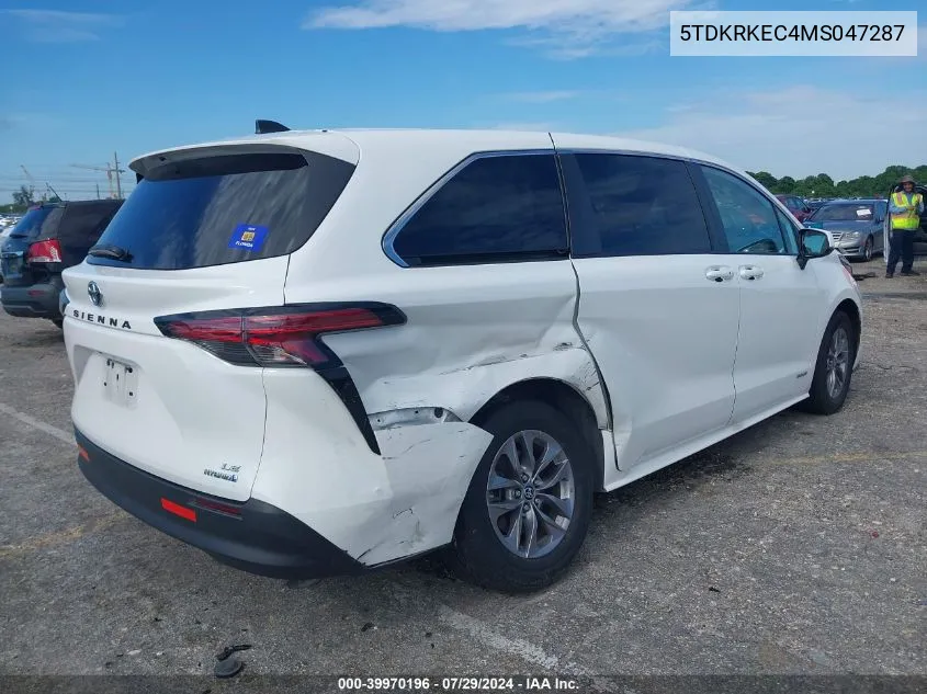 2021 Toyota Sienna Le VIN: 5TDKRKEC4MS047287 Lot: 39970196