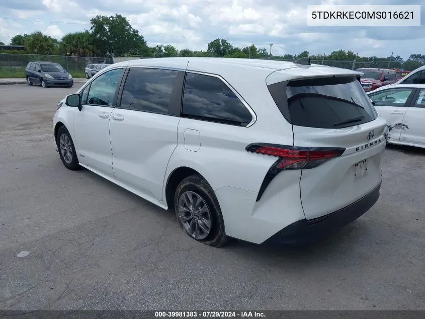 2021 Toyota Sienna Le VIN: 5TDKRKEC0MS016621 Lot: 39981383