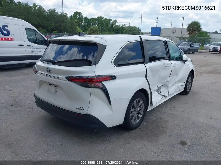 2021 Toyota Sienna Le VIN: 5TDKRKEC0MS016621 Lot: 39981383