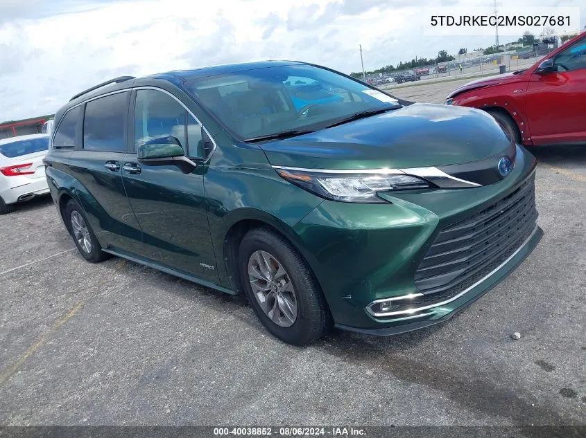 2021 Toyota Sienna Xle VIN: 5TDJRKEC2MS027681 Lot: 40038852