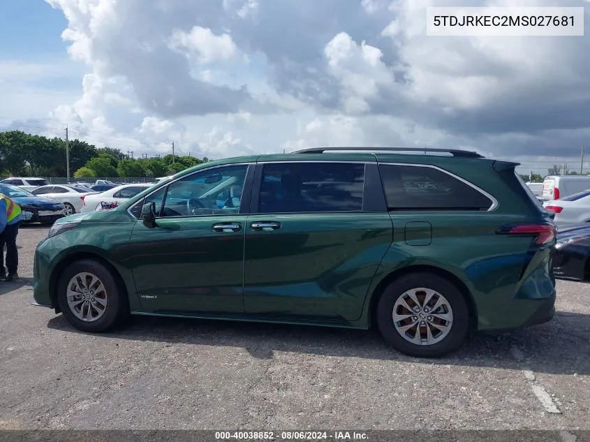 2021 Toyota Sienna Xle VIN: 5TDJRKEC2MS027681 Lot: 40038852