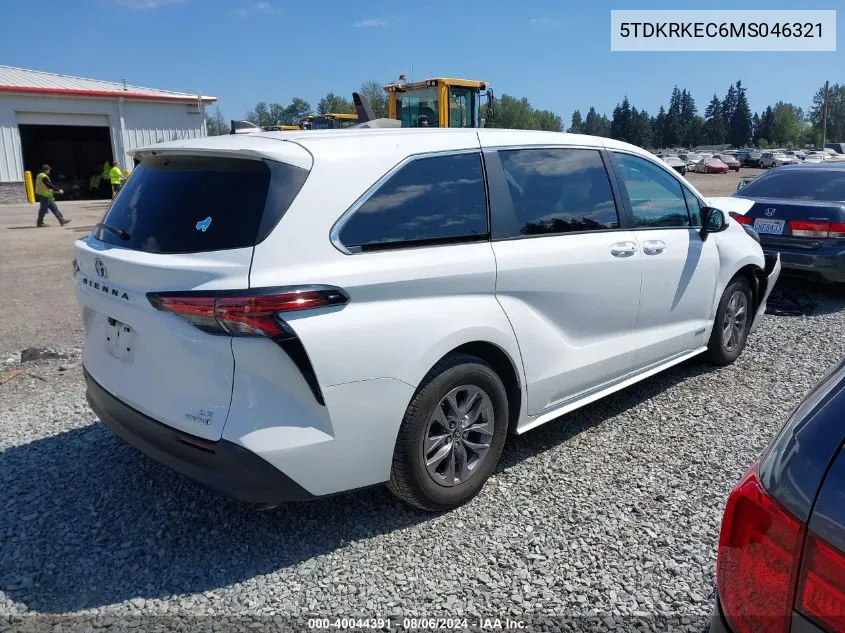 2021 Toyota Sienna Le VIN: 5TDKRKEC6MS046321 Lot: 40044391