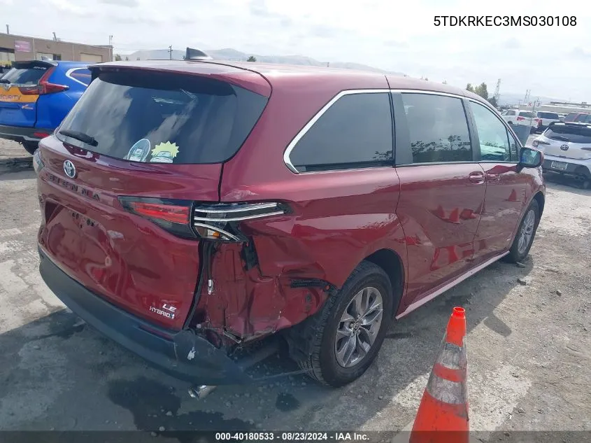 2021 Toyota Sienna Le VIN: 5TDKRKEC3MS030108 Lot: 40180533