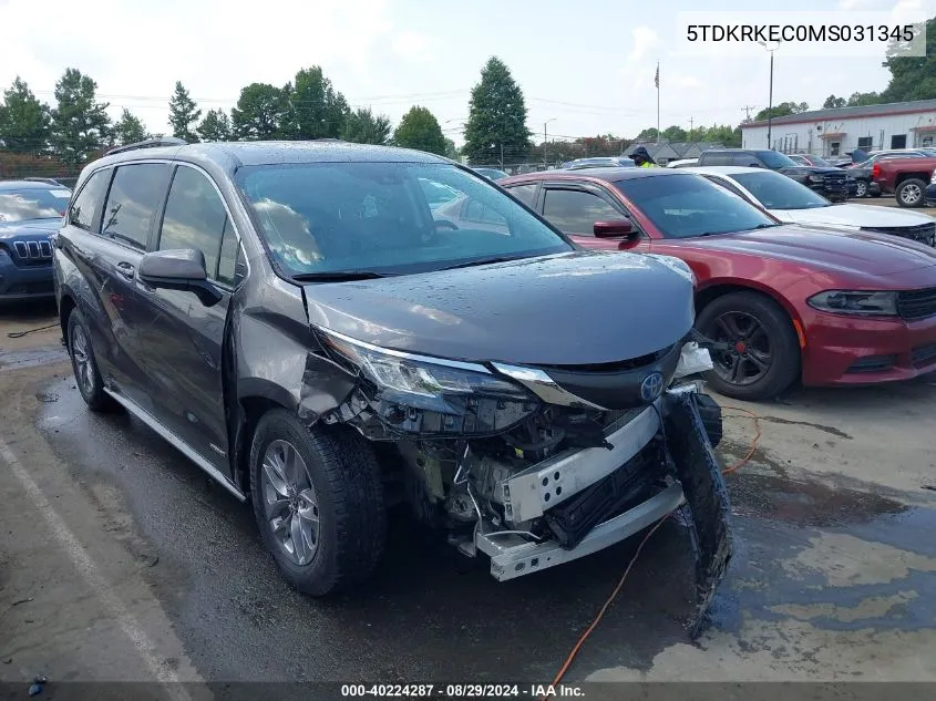 2021 Toyota Sienna Le VIN: 5TDKRKEC0MS031345 Lot: 40224287