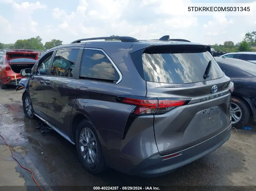 2021 Toyota Sienna Le VIN: 5TDKRKEC0MS031345 Lot: 40224287