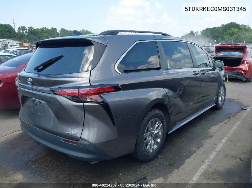 2021 Toyota Sienna Le VIN: 5TDKRKEC0MS031345 Lot: 40224287