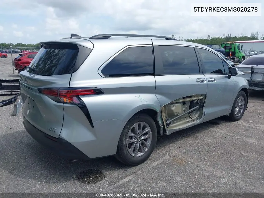 2021 Toyota Sienna Xle VIN: 5TDYRKEC8MS020278 Lot: 40285369