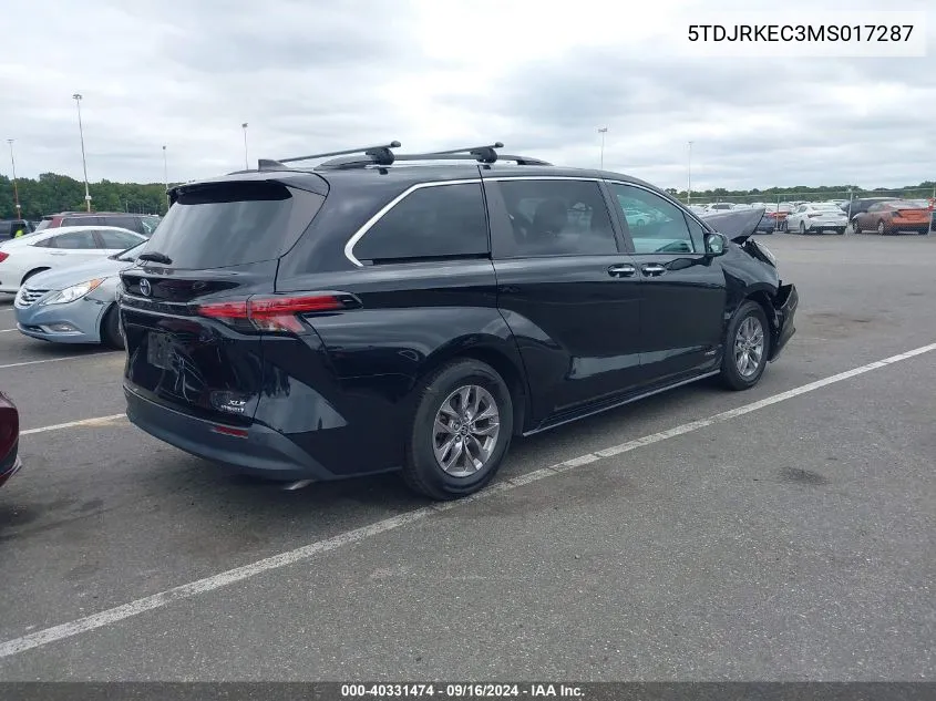 2021 Toyota Sienna Xle VIN: 5TDJRKEC3MS017287 Lot: 40331474