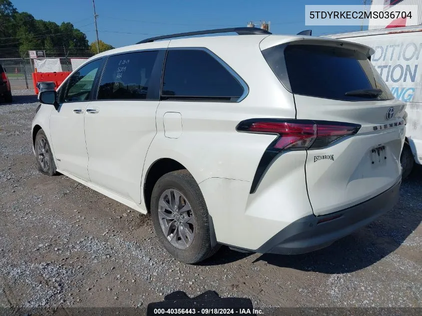 2021 Toyota Sienna Xle VIN: 5TDYRKEC2MS036704 Lot: 40356443