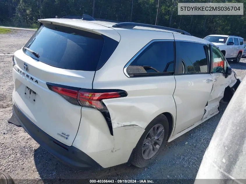 2021 Toyota Sienna Xle VIN: 5TDYRKEC2MS036704 Lot: 40356443