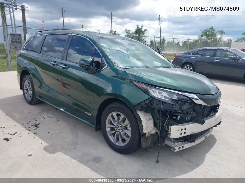 2021 Toyota Sienna Xle VIN: 5TDYRKEC7MS074509 Lot: 40410350