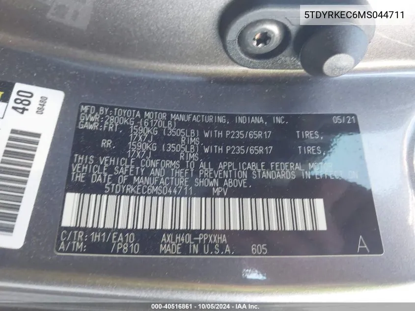 5TDYRKEC6MS044711 2021 Toyota Sienna Xle