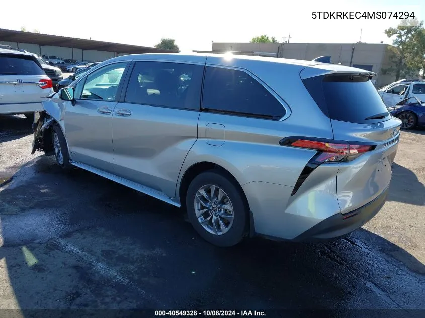 2021 Toyota Sienna Le VIN: 5TDKRKEC4MS074294 Lot: 40549328