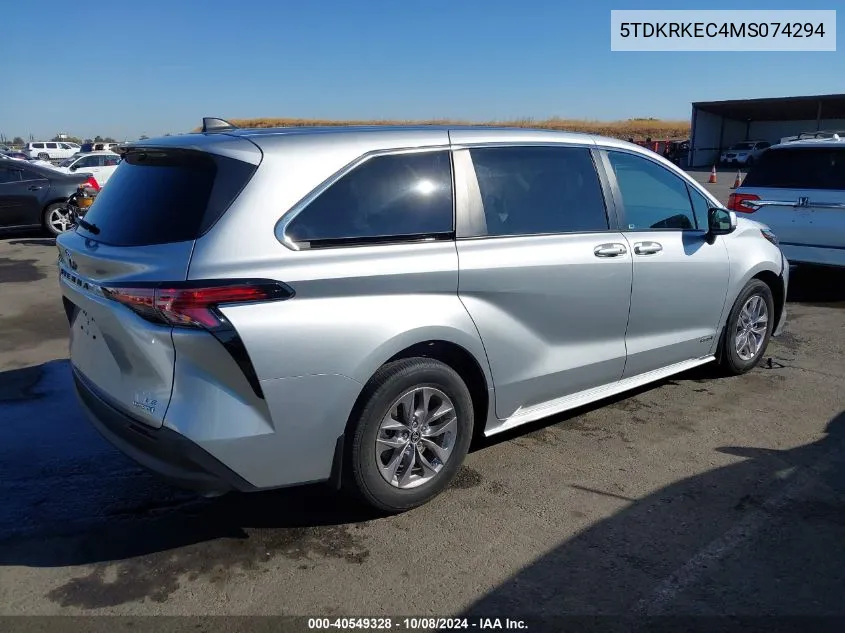 2021 Toyota Sienna Le VIN: 5TDKRKEC4MS074294 Lot: 40549328