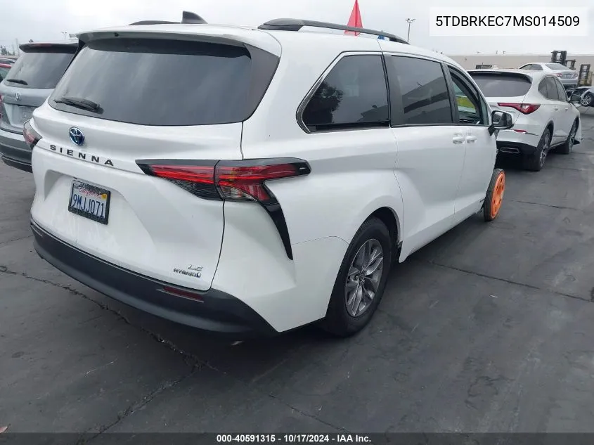 2021 Toyota Sienna Le VIN: 5TDBRKEC7MS014509 Lot: 40591315