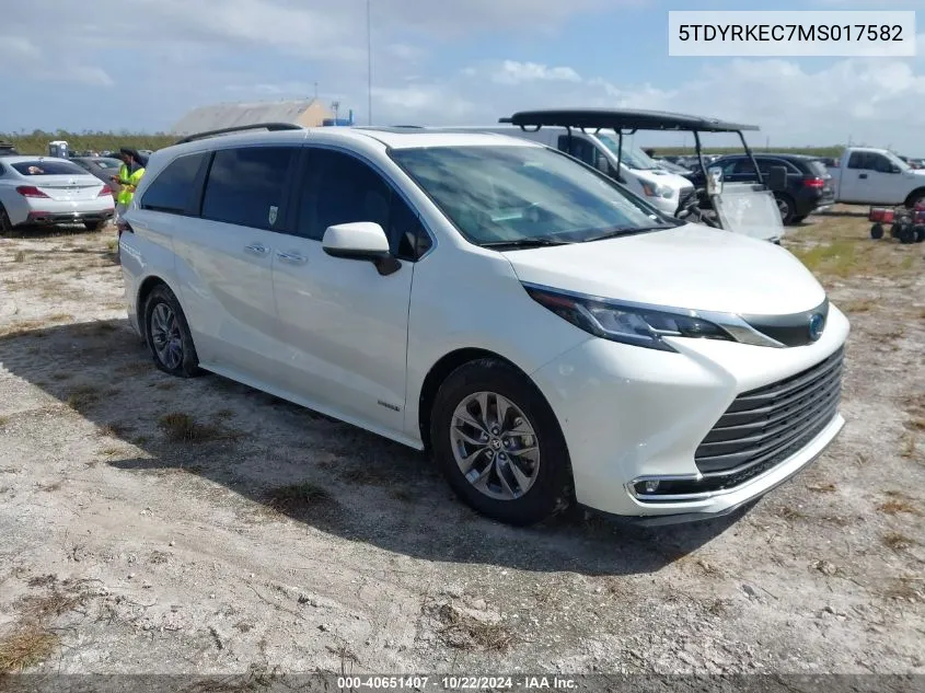 2021 Toyota Sienna Xle VIN: 5TDYRKEC7MS017582 Lot: 40651407