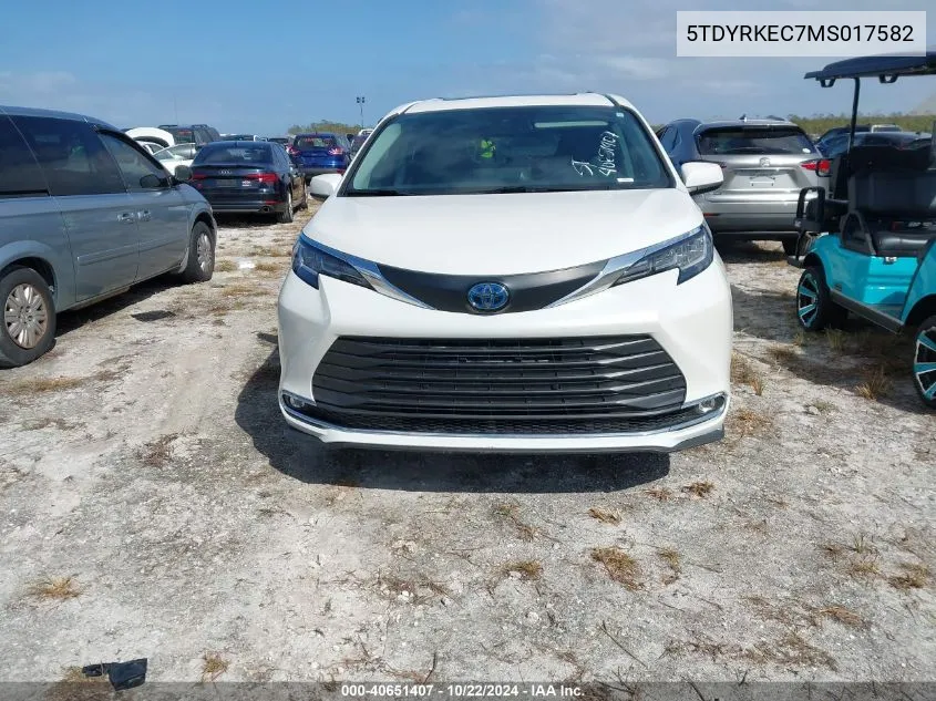 2021 Toyota Sienna Xle VIN: 5TDYRKEC7MS017582 Lot: 40651407