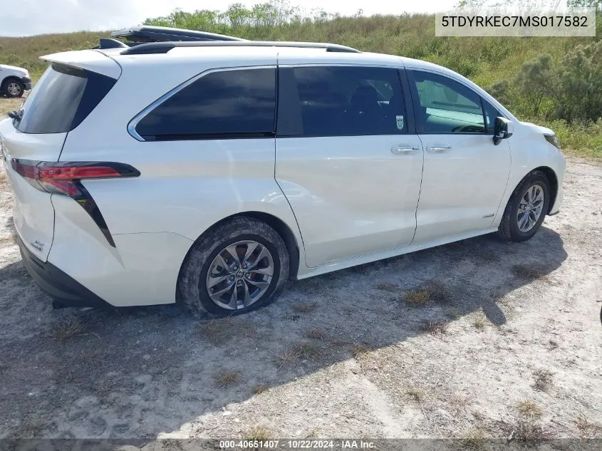 2021 Toyota Sienna Xle VIN: 5TDYRKEC7MS017582 Lot: 40651407