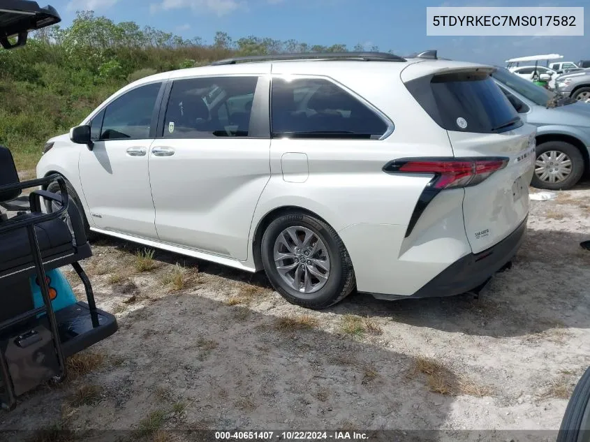 2021 Toyota Sienna Xle VIN: 5TDYRKEC7MS017582 Lot: 40651407