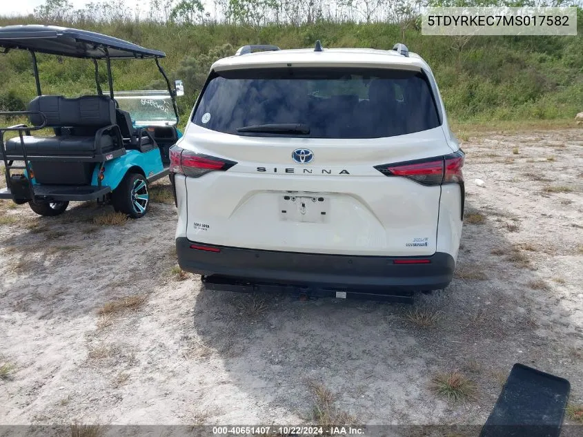 2021 Toyota Sienna Xle VIN: 5TDYRKEC7MS017582 Lot: 40651407