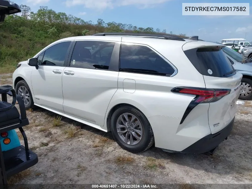 2021 Toyota Sienna Xle VIN: 5TDYRKEC7MS017582 Lot: 40651407