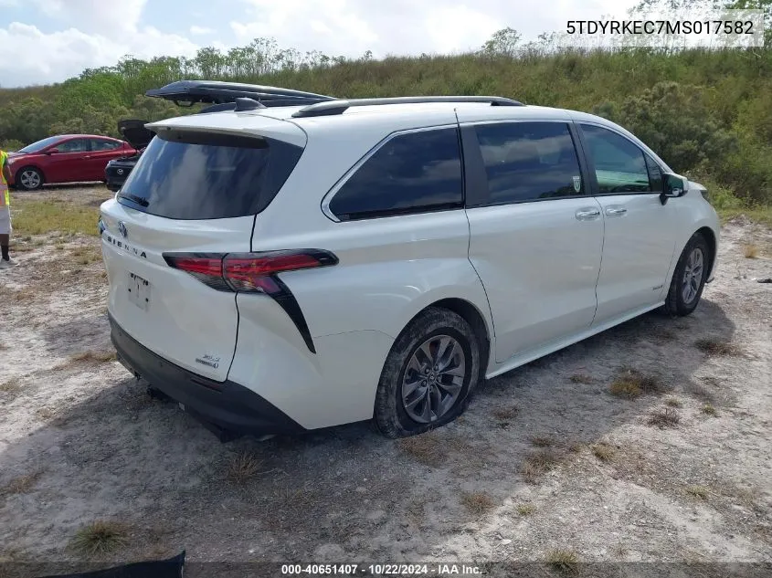 2021 Toyota Sienna Xle VIN: 5TDYRKEC7MS017582 Lot: 40651407