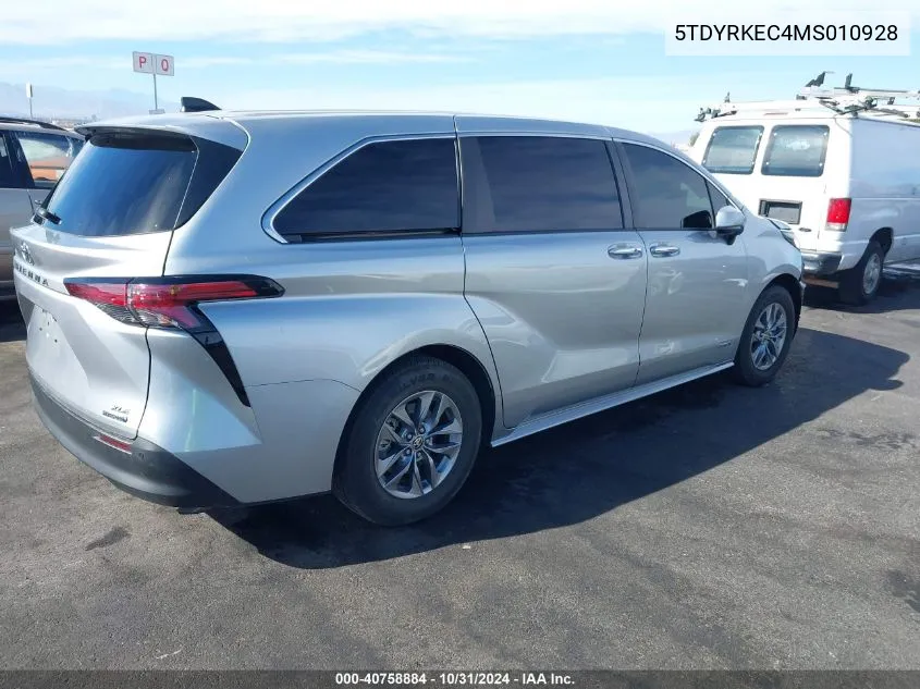 2021 Toyota Sienna Xle VIN: 5TDYRKEC4MS010928 Lot: 40758884