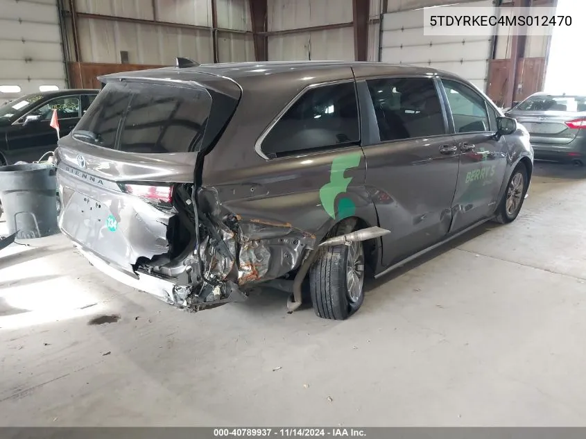 2021 Toyota Sienna Xle VIN: 5TDYRKEC4MS012470 Lot: 40789937