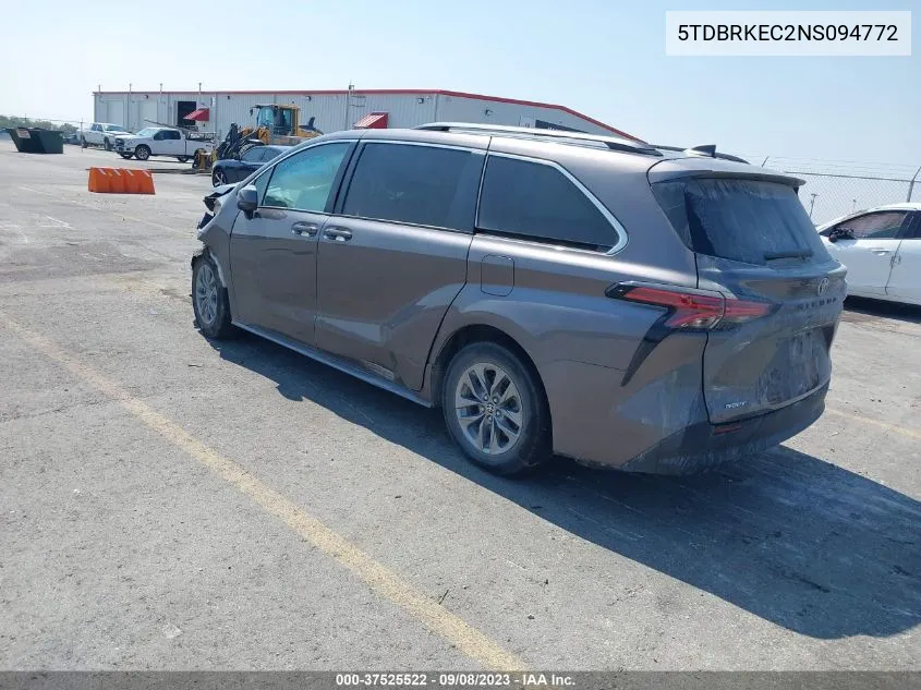 2022 Toyota Sienna Le VIN: 5TDBRKEC2NS094772 Lot: 37525522