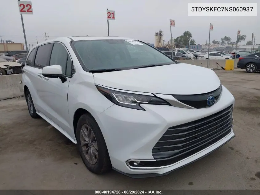 2022 Toyota Sienna Xle VIN: 5TDYSKFC7NS060937 Lot: 40194728