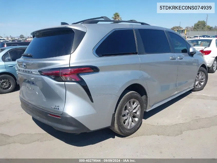 2022 Toyota Sienna Le VIN: 5TDKRKEC0NS074939 Lot: 40279544